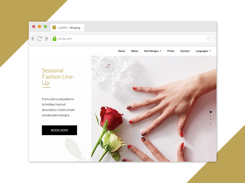 Browser window with the site. Book Now button and hands with red nails next to roses.