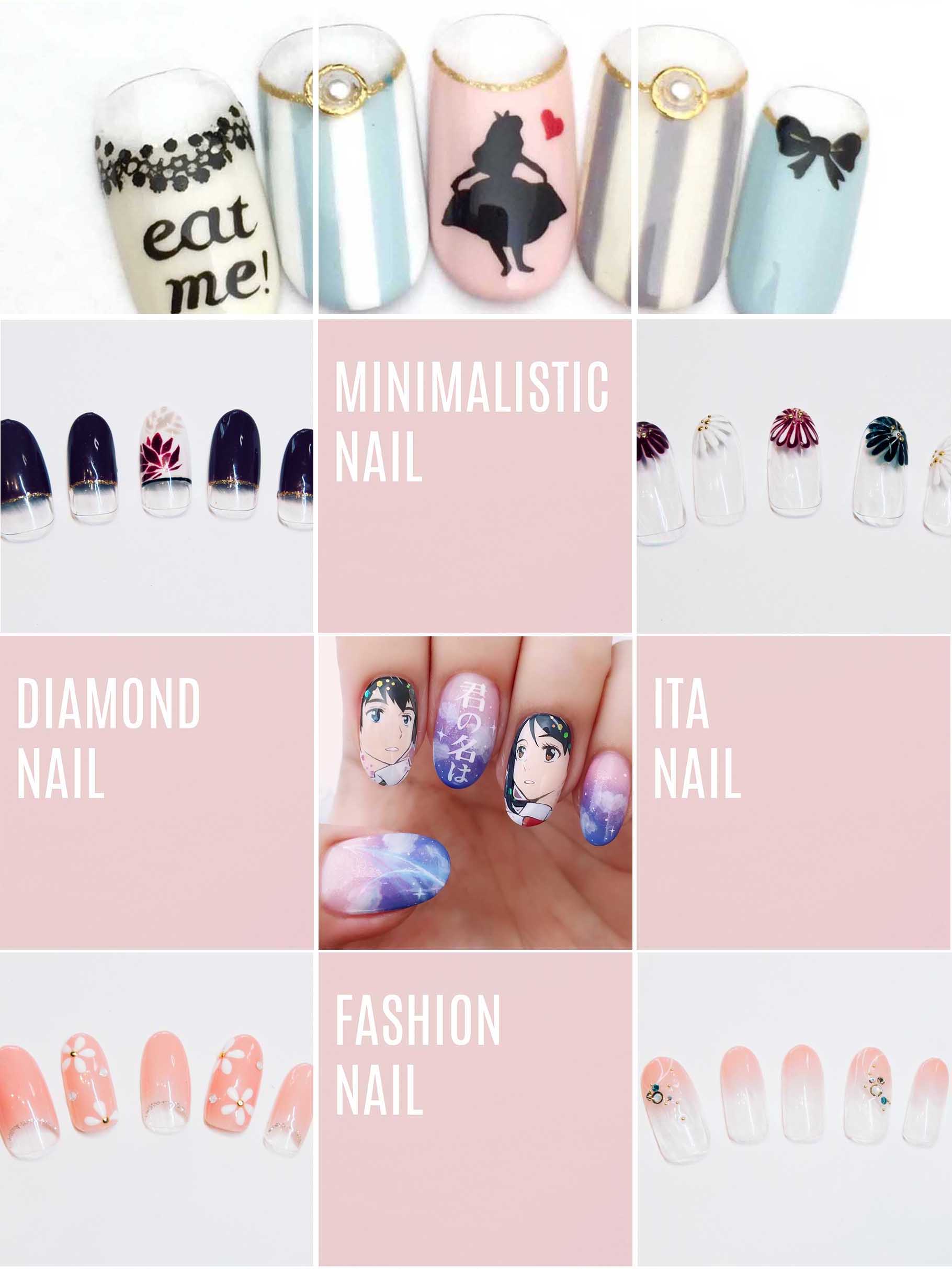 Social media marketing Instagram grid. Alice in Wonderland inspired nail design & more nail designs.