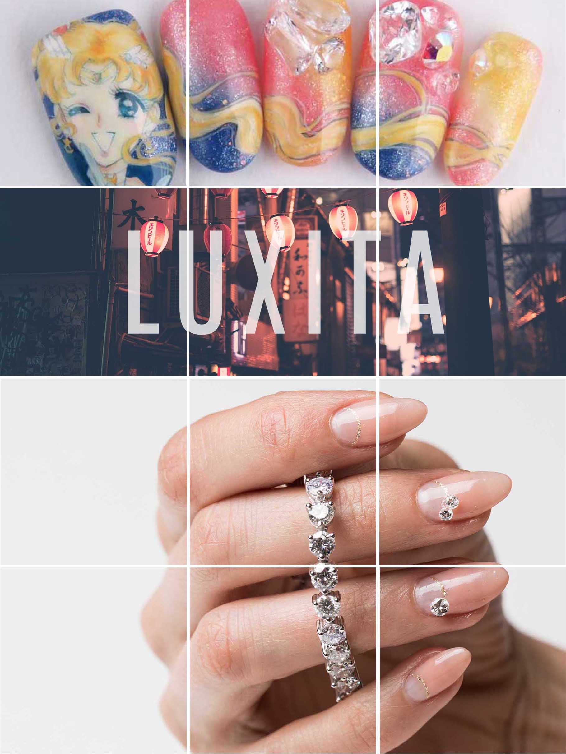 Instagram grid by Katherine Delorme. Sailor Moon nail designs, text 'LUXITA' and diamond nails.