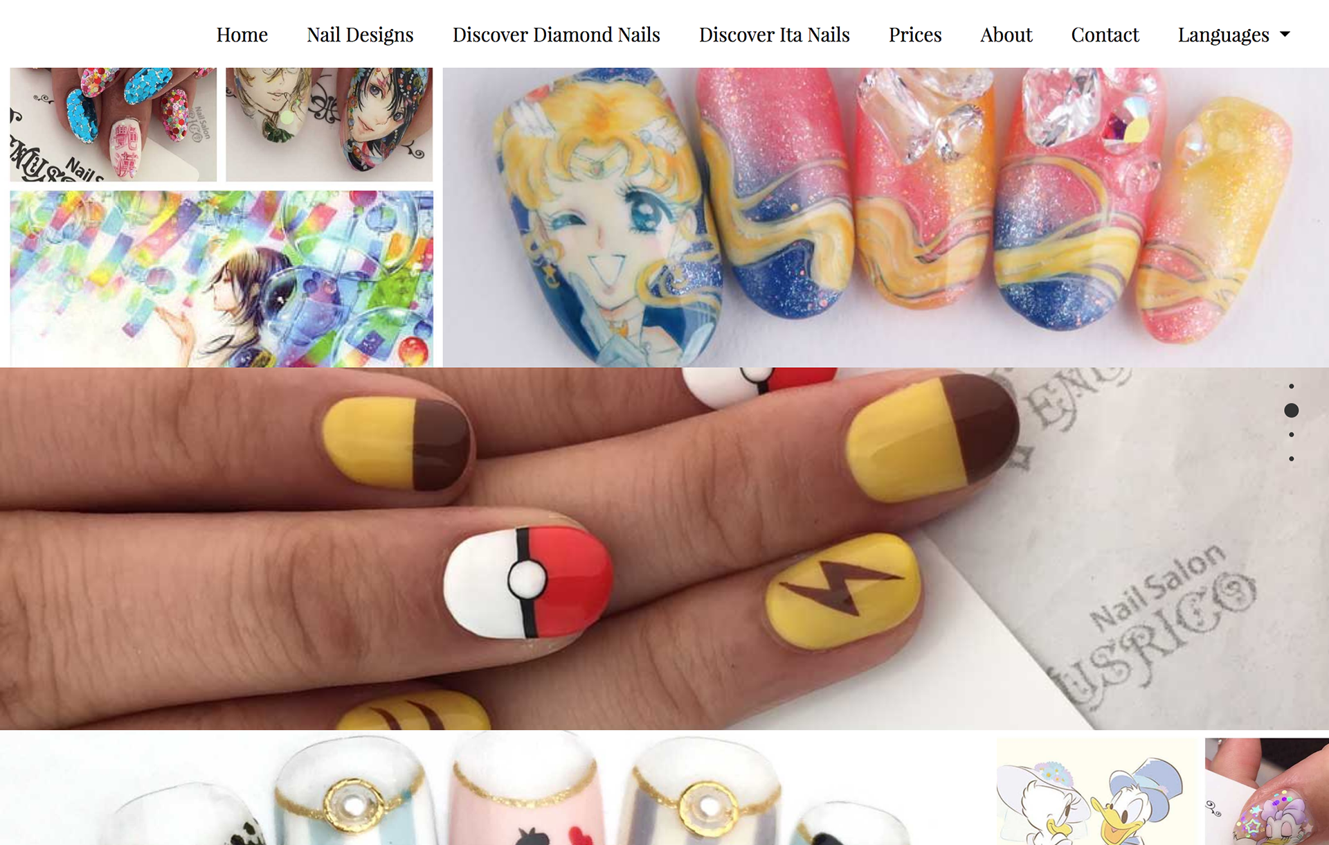 Website nail gallery of designs of Pokemon, Sailer Moon, Disney, etc. UI design by Katherine Delorme