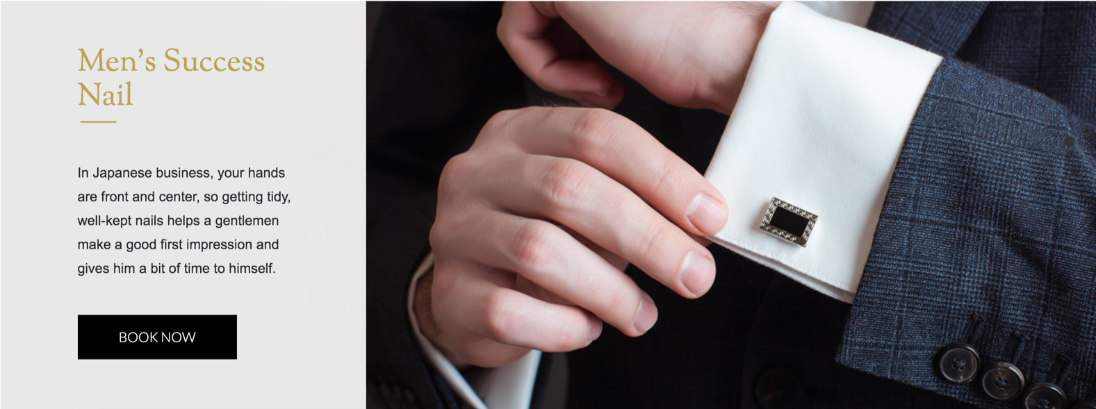 Website page with an image of manicured male hands touching a suit's dress shirt that has cufflinks.