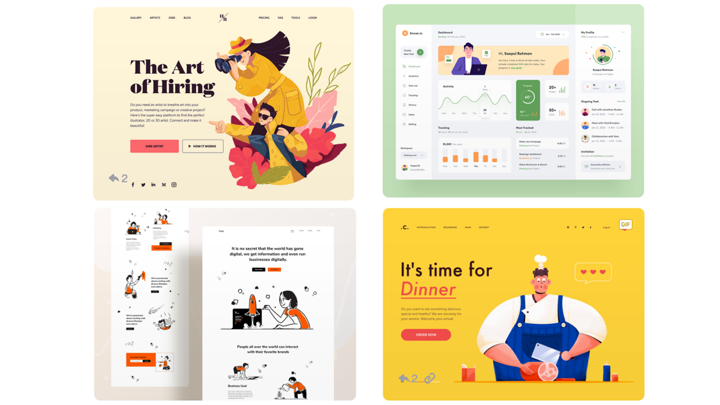 Examples of websites with illustrations of characters.