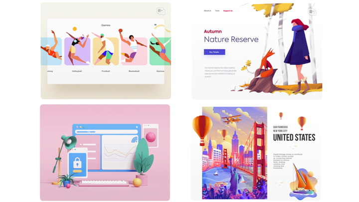 Examples of websites with illustrations of characters with more pink, purple, and dark blue tone.