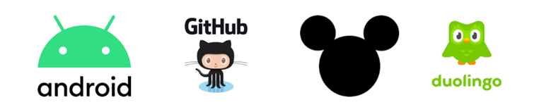 Mascots: Android's a green bug, GitHub a cat octopus hybrid, Mickey ears, and Duolingo's green bird.