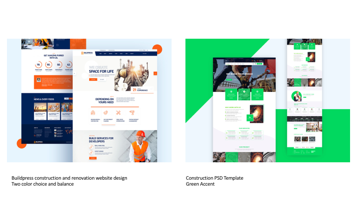 Inspirations of construction websites. Left a dark blue and orange site. Right a light green site.