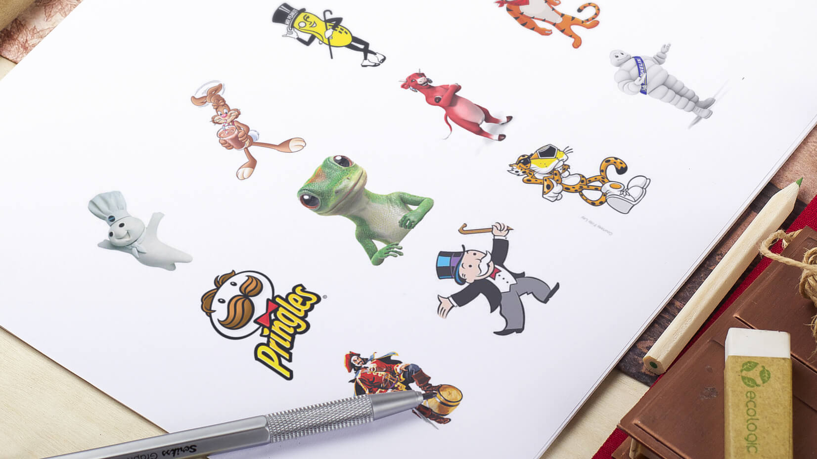 Hyper real photo of white paper with brand mascots like the Monopoly, Geico, Chester Cheetah, etc.