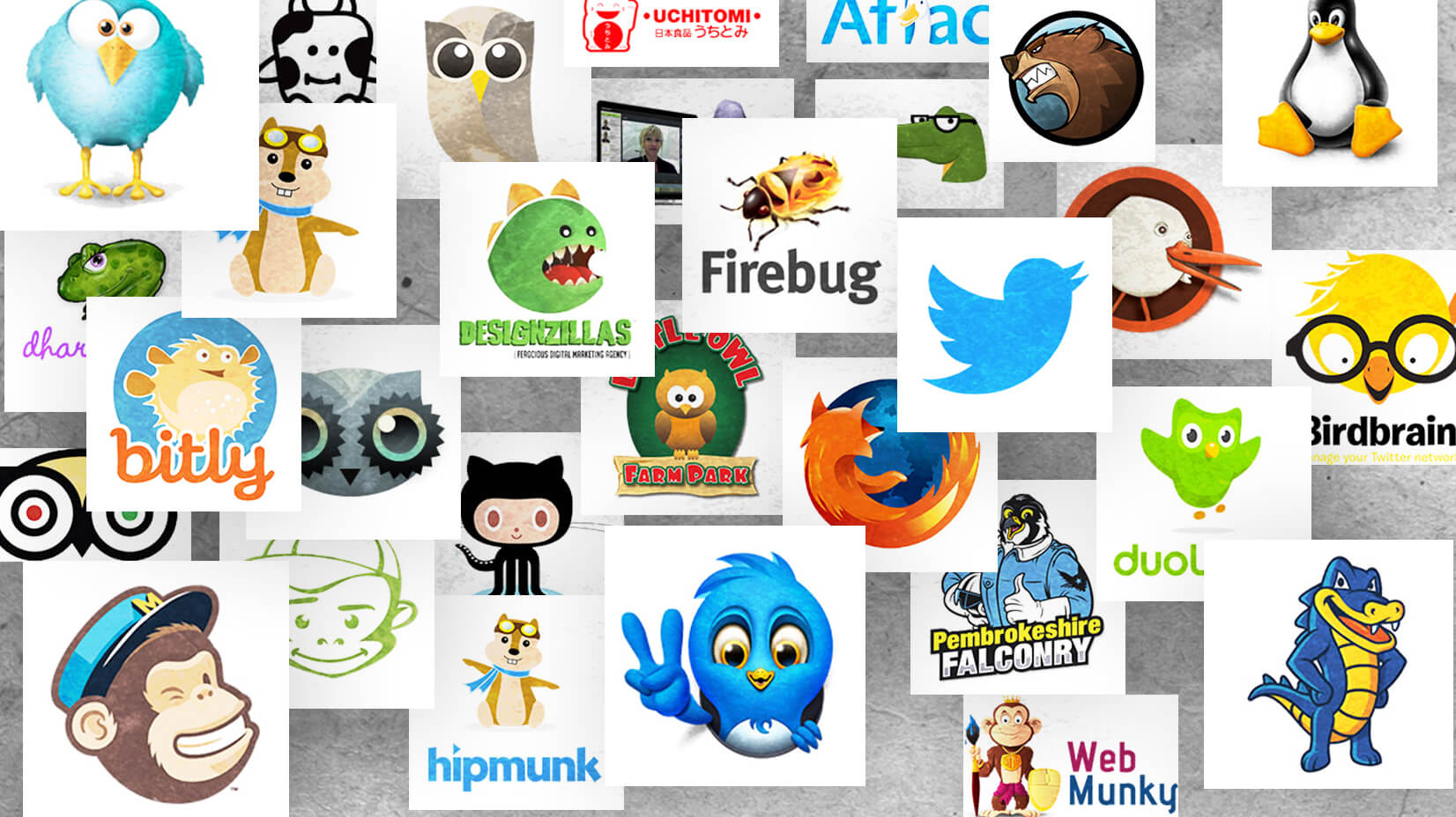 Collage of brand mascots and logos like MailChimp, Twitter, Hostgator, bitly, etc.