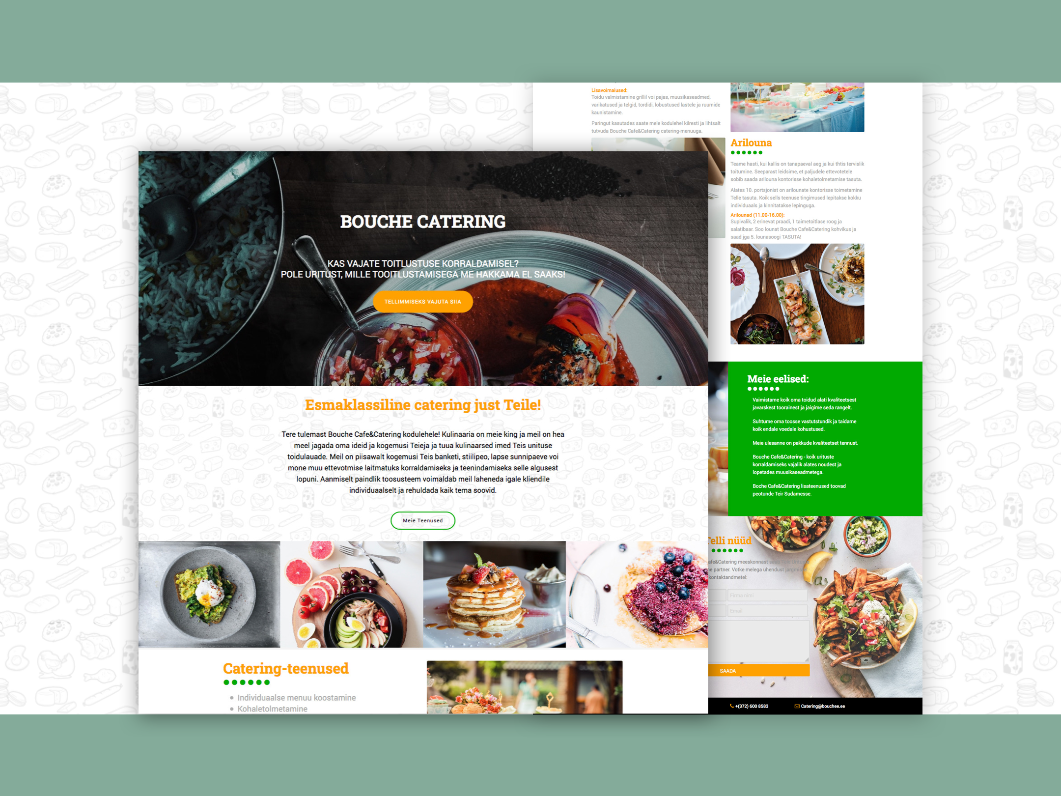 Restaurant website with text and food photos made in HTML, SASS, and flexbox by Katherine Delorme
